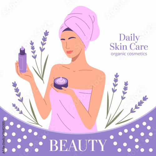 A woman applying organic skin care products in a relaxed bathroom setting, surrounded by calming lavender elements, highlighting self-care and beauty routines.