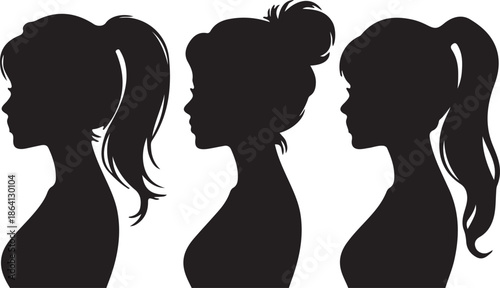 Three distinct female profiles showing different dark silhouettes with hair styled in high ponytails and a messy bun for beauty concepts.