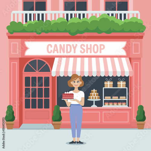 A smiling woman stands outside a charming candy shop, proudly holding a beautiful cake, embodying sweetness and joy that captures the essence of tasty treats and celebration.