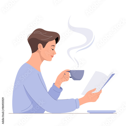 A serene scene of a person savoring a warm beverage while immersed in a book, depicting a moment of relaxation and enjoyment in a cozy space.