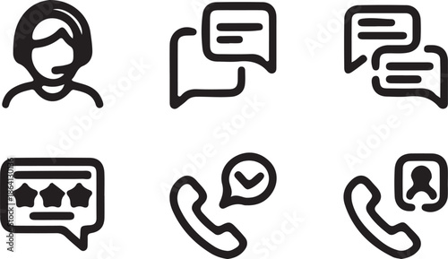 A set of linear communication and customer support icons illustrating headset operator, chat bubbles, feedback rating, and telephone calls for service.