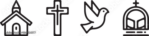 A collection of black and white outline icons representing Christian faith symbols, including a church, cross, dove, and baptismal font.