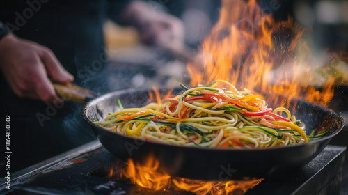 Chef cooks stir-fried noodles with colorful vegetables over an open flame in a busy kitchen during dinner service