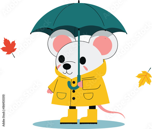Cute mouse wearing raincoat holding umbrella autumn season cartoon animal vector illustration for kids