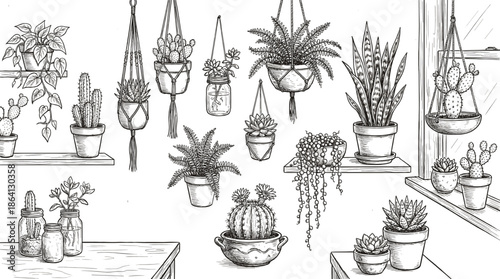 Indoor plant illustration set, succulents, cacti, macrame hangers, botanical shelf decor, trailing vines, window garden