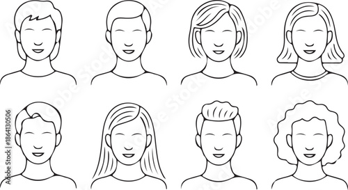 Eight distinct black and white line drawings illustrating diverse male and female avatars with various hairstyles and friendly expressions for user profiles.