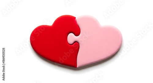 Two interlocking heart-shaped puzzle pieces, red on the left and pink on the right, symbolize teamwork in love, balanced partnership, cooperation, and unity in modern relationships and business collab