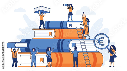 Metaphor of education costs students struggling with heavy books while looking for financial support.