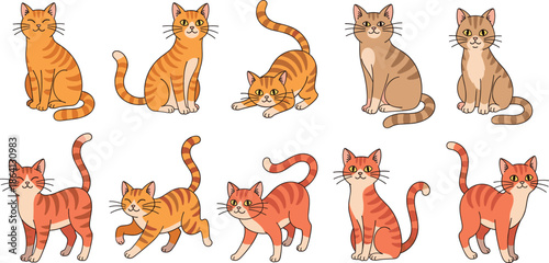 Cute orange tabby cat characters set with different poses expressions cartoon pet vector illustration