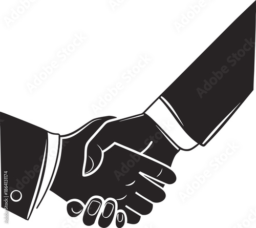 handshake between two people in suits symbolizing agreement partnership and cooperation in black and white layout