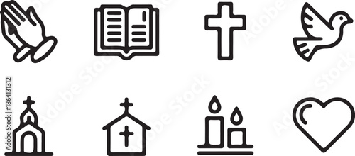 Group of religious line icons displays symbols of faith including praying hands, an open book, a cross, a dove, and church buildings.