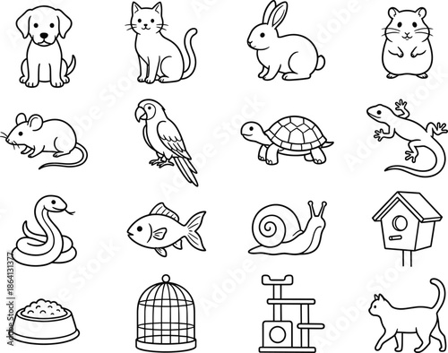 Pet and accessory icon set, dog, cat, rabbit, parrot, turtle, fish, snake, mouse, birdhouse, scratching post, food bowl