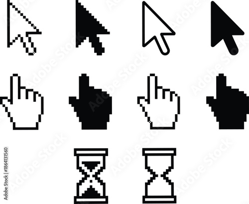 Pixel and outline cursor arrow and hand click icon set with mouse pointer styles and loading hourglass symbols for interfaces