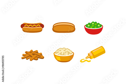Colorful flat fast food icons featuring hot dog, bun, and side dishes