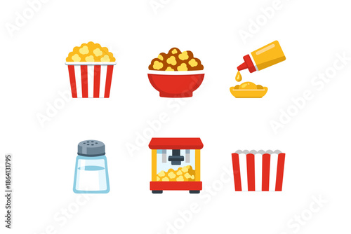 Colorful popcorn set: tubs, bowls, popper, sauce, salt shaker on white background