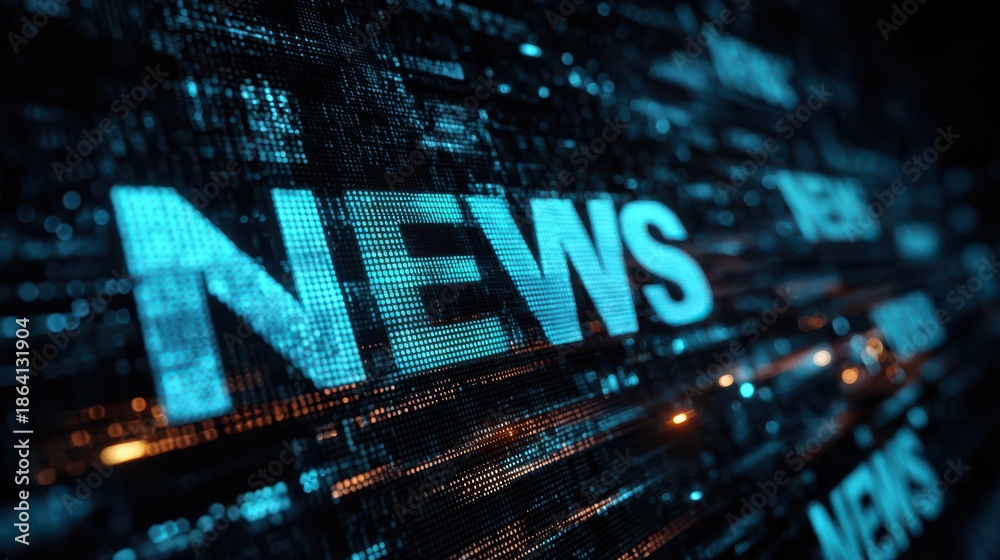 Fototapeta premium Bright blue news letters displayed on a dark digital background