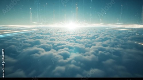 Abstract digital network of glowing lines across clouds