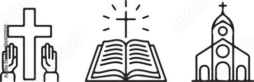 A set of Christian worship icons featuring hands raised in praise, a glowing open Bible with a cross, and a detailed church structure illustration.