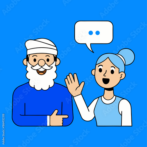 Illustration of an older man with a beard and a young woman with blue hair talking to each other.