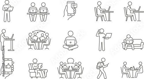 Remote work lifestyle icon set illustrating people working with laptops smartphones online meetings teamwork collaboration and flexible modern working habits