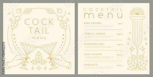 Retro line art restaurant cocktail menu design. Vector illustration