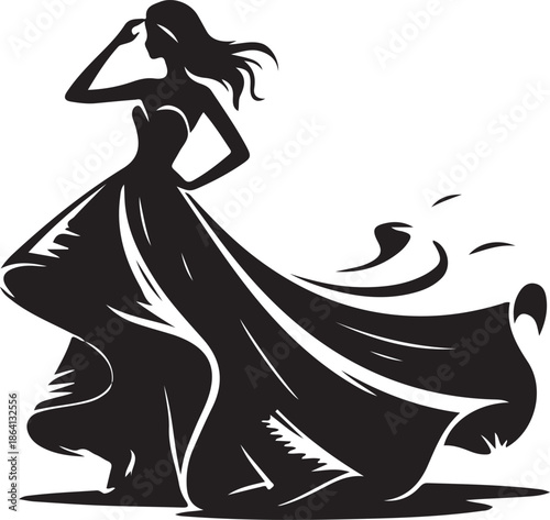 Elegant silhouette of a woman in a flowing ball gown strikes a dramatic pose with one hand adjusting her hair against a stark white background.
