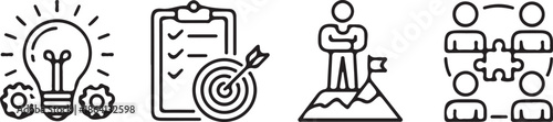 Set of four achievement and strategy icons illustrates concepts like bright idea generation with gears, goal setting with a target, leadership on a summit, and teamwork connections.