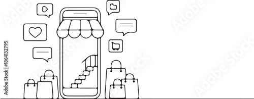 Smartphone displaying a storefront entrance with stairs inside symbolizes mobile e-commerce application shopping surrounded by notification bubbles and bags.