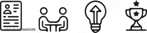 A collection of four simple line icons illustrates professional concepts including a resume document, two people meeting, an upward arrow inside a light bulb, and a winning trophy cup.