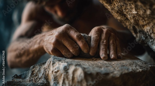 caveman sharpening his spear with a stone in ancient times