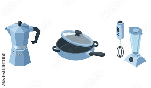 Isometric kitchen appliances: espresso maker, frying pan, mixer