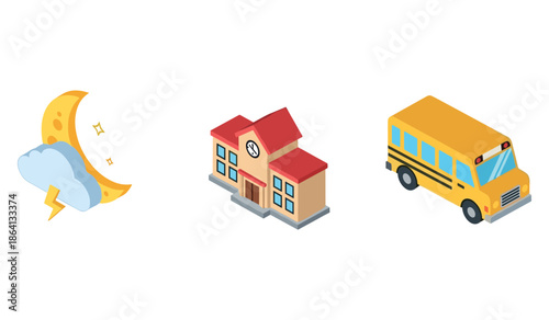 Nighttime storm, school building, yellow bus icons on white background