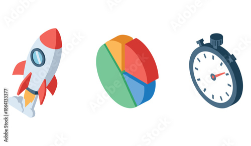 Rocket, pie chart, and stopwatch icons illustrating business growth and time management