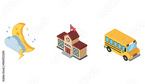 Cartoon moon, school building, and yellow school bus isometric icons