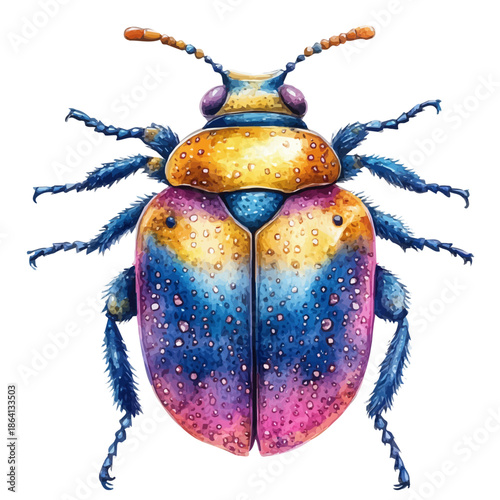 Beetle, watercolor painting capturing graceful lines and soft blended shades, isolated on a white background.
