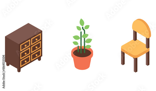 Isometric furniture and plant set: drawer, chair, and potted plant