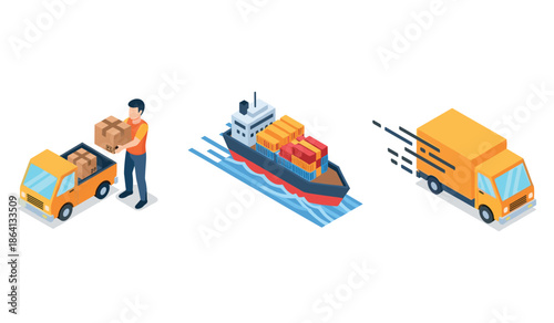 Logistics icons: delivery, cargo ship, and fast shipping truck illustration