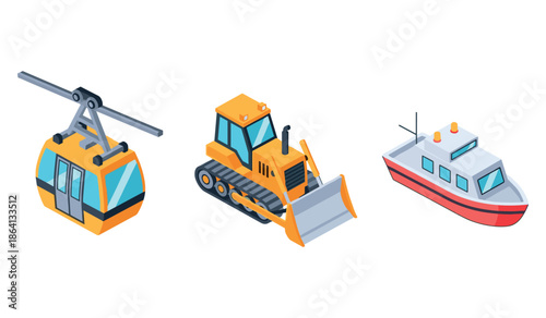 Set of transportation icons: cable car, bulldozer, and boat