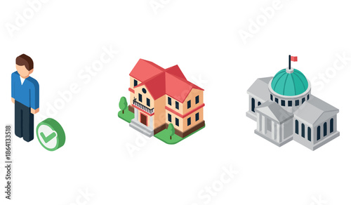 Isometric icons: man, house, government building