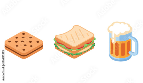 Isometric sandwich, cracker, and beer mug illustration with grilled details