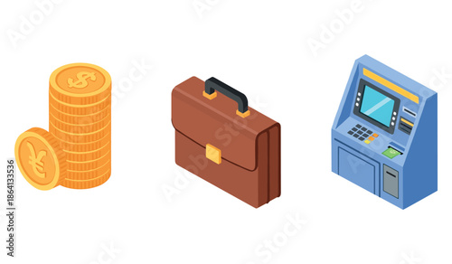 Stack of coins, briefcase, and atm on white background
