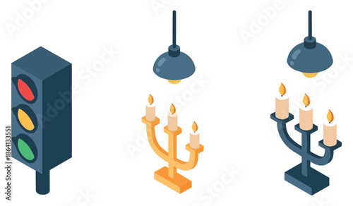 Traffic light and candle chandeliers: isometric design elements