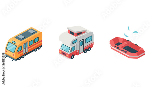 Isometric transportation collection: train, camper van, and inflatable boat