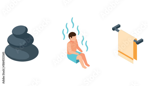 Spa symbols: stones, relaxing male figure, and towel rack