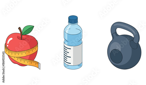 Healthy lifestyle symbols: apple, water bottle, kettlebell for fitness and nutrition