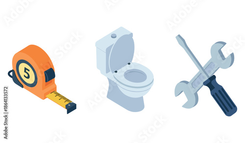 Home improvement elements: tape measure, toilet, and tools illustration