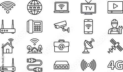 Wireless internet and communication technology icon set featuring wifi devices networking security media streaming satellites and smart connectivity solutions