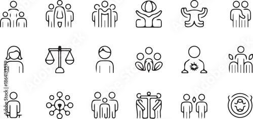 Business people icons display various professional activities including presenting data, climbing stairs toward success, and working diligently at a desk.