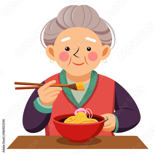 Grandma eats noodles 