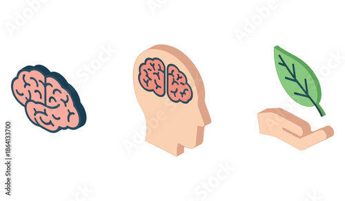 Conceptual brain, mind, and nature element illustrations in flat design